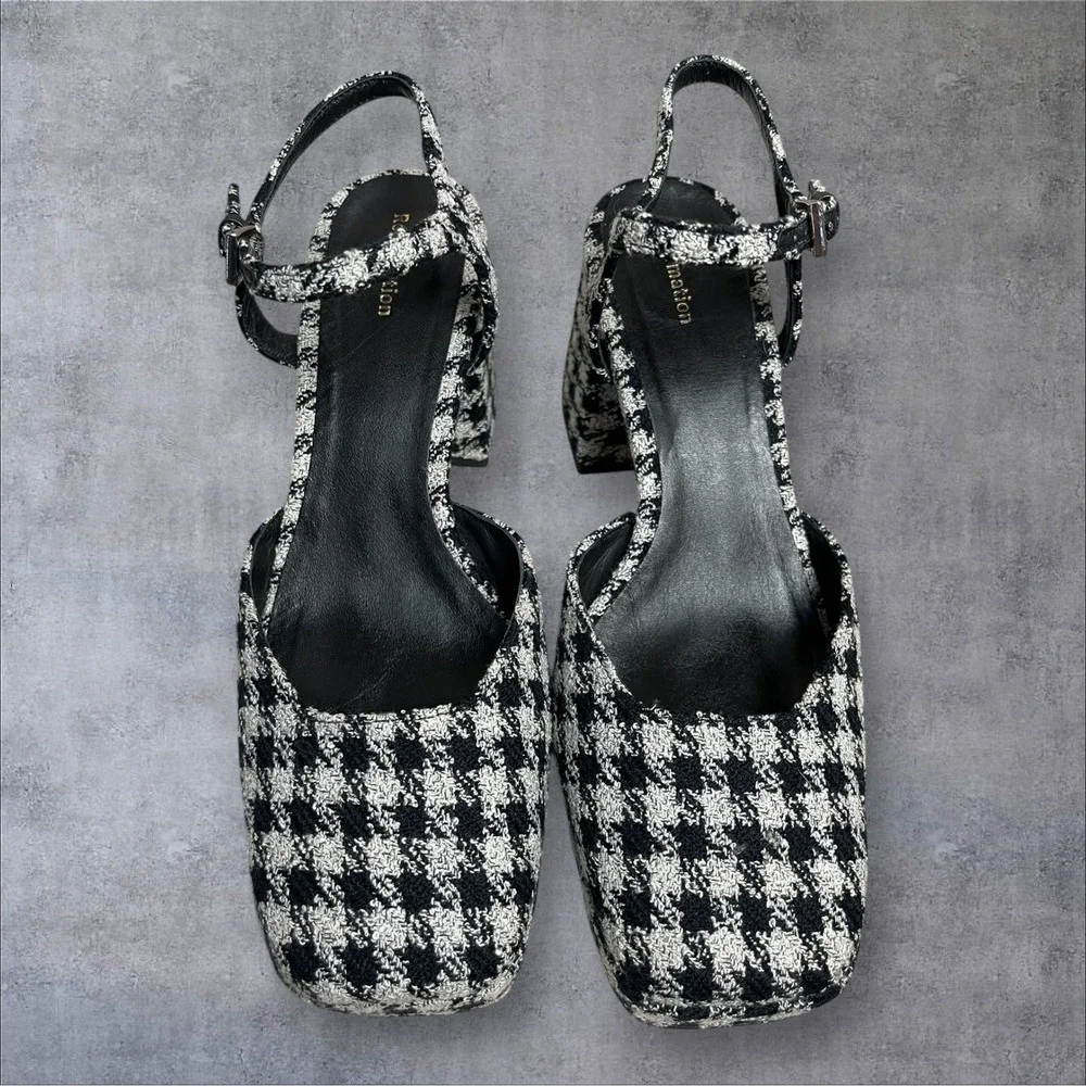 Reformation Marisol Platform Heel Shoes Black White Houndstooth Fabric Women 7